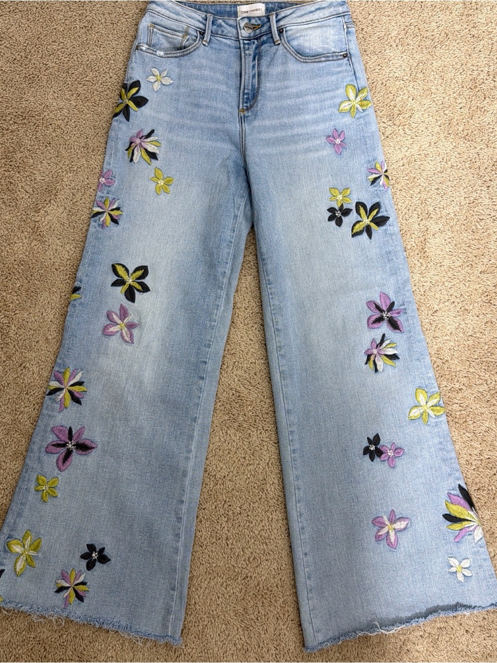 🏛️💎Driftwood Chloe Floral Embroidered Wide Leg Jeans - Size 26 - Raw Hem - EUC